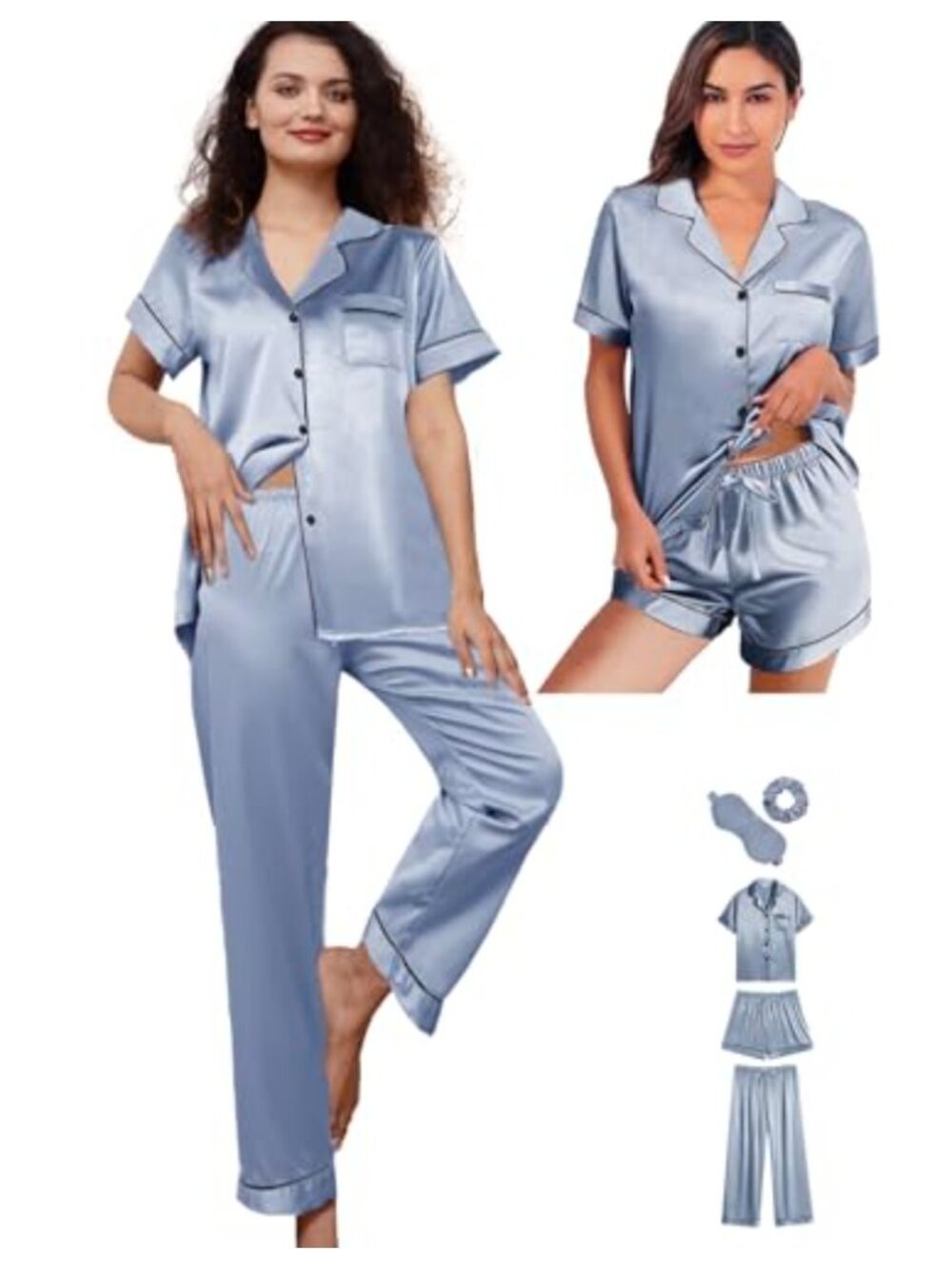 Womens Silk Satin 5-Piece Pajama Set Button Down Pjs Sleepwear Loungewear